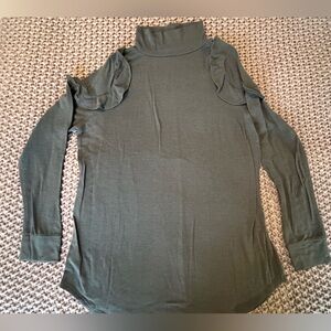 Olive green, long sleeve turtleneck, top with ruffles around the shoulders